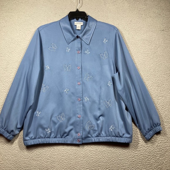 Alfred Dunner Jacket Women 18W Butterfly Embroidered Blue Button Up Grandma - Picture 2 of 10